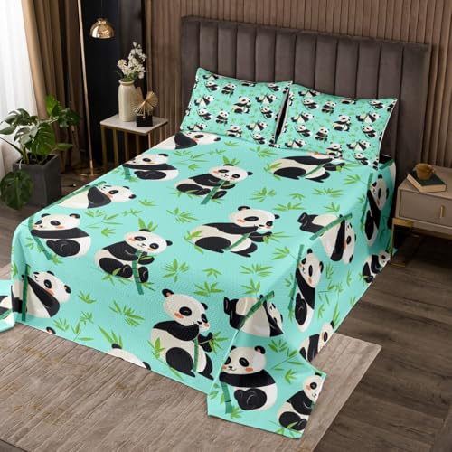 Manfei Cute Panda Bedspread Twin Size,Green Bamboo Leaves Coverlet Set 2pcs,Cartoon Animals Theme Quilted Coverlet with 1 Pillowcase, Kids Boys Room Decor, Soft Bedding Quilt