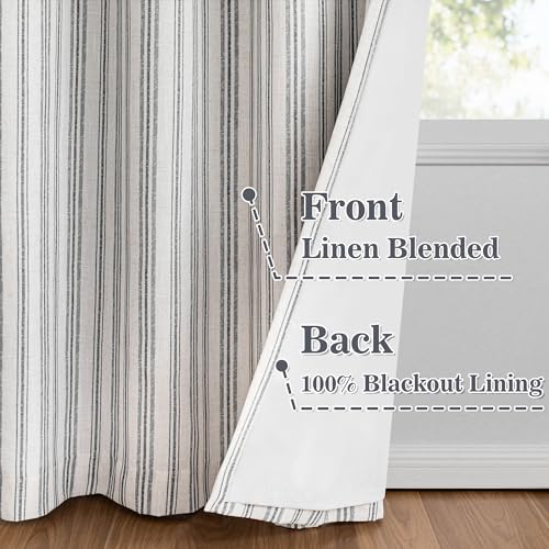 Image of MYSKY HOME Striped Curtains 100% Blackout 96 Inches Long Black Stripe Farmhouse Rustic Linen Blended Double Layer Curtains for Bedroom Living Room Patterned Drapes, Grommet, 2 Panels, 52 inch Wide