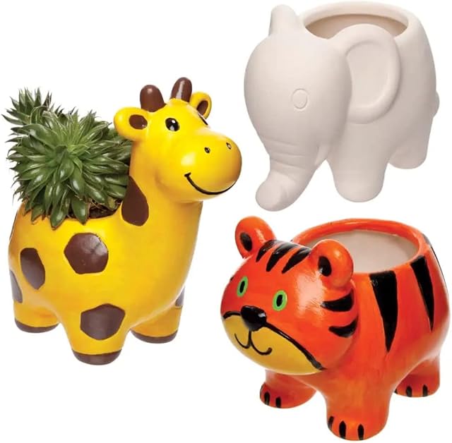 Baker Ross FE220 Jungle Animal Ceramic Flowerpots Box of 3, Paintable Creative Art and Craft Projects for Kids to Make, Personalise and Decorate