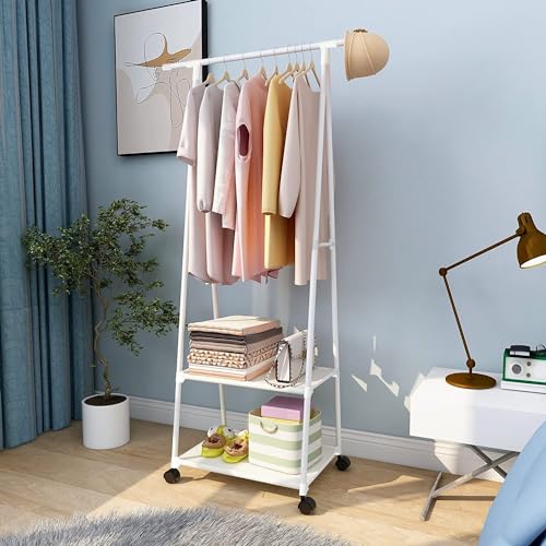 Image of Lukzer A-Shape Metal Garment Rack with 2 Bottom Shelves, Portable Closet Organizer for Bedroom, Clothes Hanging Stand for Living Room, White - 160x55x42cm, MGR-010