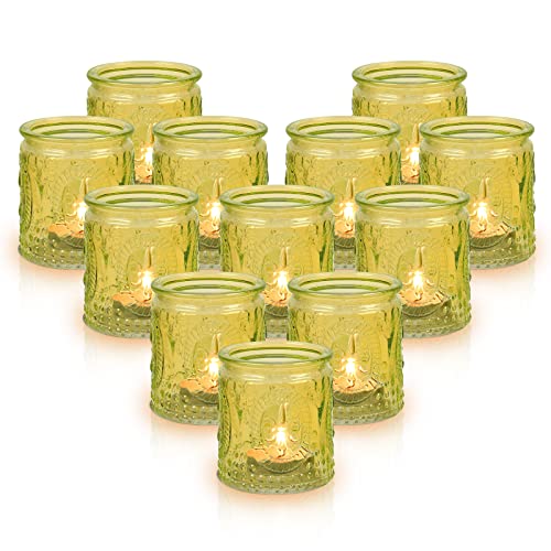 Hommdiy Lot de 12 Bougeoirs en Verre, 6,6" de Haut avec Beaux Porte-Bougies Chauffe-Plat Vintage en Relief pour NoëL, Chambre à Coucher, FêTe, DéCoration D'IntéRieur (Jaune) Cover