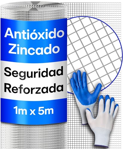 Praknu Malla Metalica Fina Galvanizada con Guantes – Rollo 1 x 5 m Rejilla – Malla para Gallinero y Huerto – Malla Antirroedores para Jardín, Camas Elevadas y Compostera