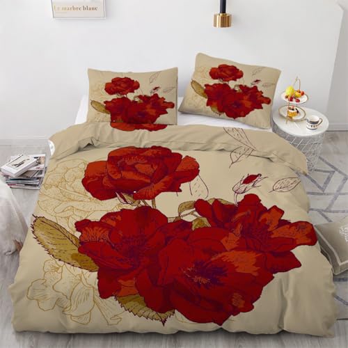 RFFLUX 3D Flowers Double Bedding Duvet Cover Set 3 Pieces 200x200 Ultra Soft Microfiber Reversible Retro Floral Comforter Cover with Zipper Closure Quilt Cover with 2 Pillowcase（Style 137-7）