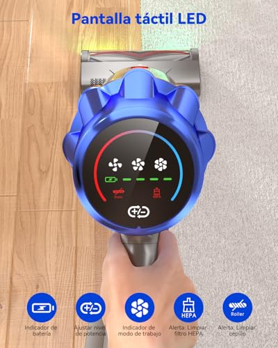 Huhuba H9 Aspiradora sin Cable 58Kpa/650W/80Min, Aspirador Vertical Potente con Pantalla Táctil LED, Autoportante, Cepillo de Suelo Antienredos Mejorado para Suelos/Alfombras/Pelo de Animales, Azul - imagen 7