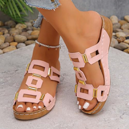 Women's Wedge Sandals Slip - on Summer Sandals with Metal Accents Comfortable Dressy Platform Wedges for Casual Daily Walking4