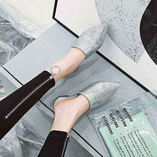 Mioke Women's Pointed Toe Embellished Mules Flat Slip On Backless Loafer Comfy Low Heel Dress Slipper Shoes Silver #TOP3