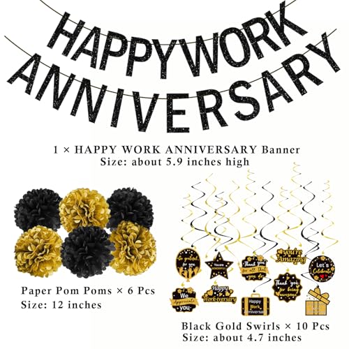 Image of Happy Work Anniversary Decorations Black Gold, Happy Anniversary Banner for Employee, Work Anniversary Workiversary Decorations for Party, We Appreciate You Office Party Decorations