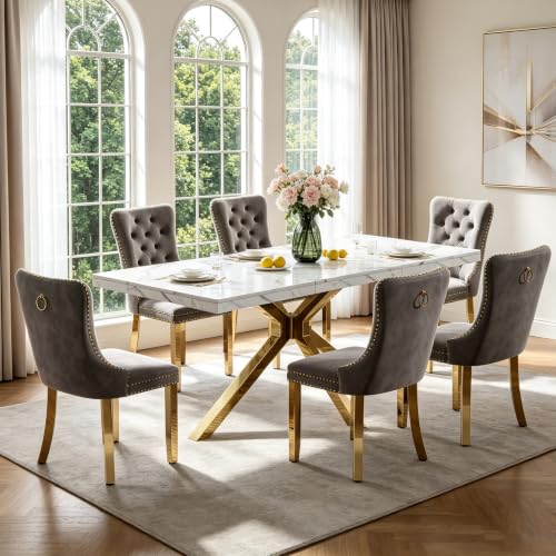 Pvillez 7 Piece Marble Dining Set for 6, 70.87" Rectangular Dining Room Table with 6 Grey Velvet Chairs, Gold Stainless Steel Frame, Luxury Modern Kitchen Table Set for Dining Room, Easy Assembly
