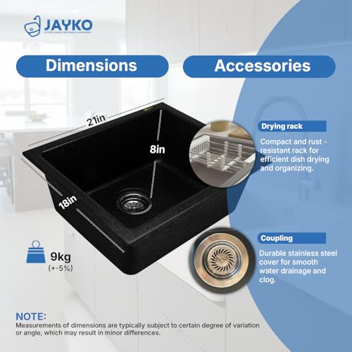 Image of JAYKO Quartz Acrylic Kitchen Sink for Modular Kitchen | Granite Finish, Scratch & Heat Resistant | Easy to Clean & Stylish Sink for Home (SI, 21x18in)