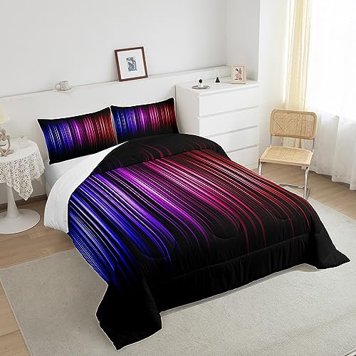 Image of Red Blue and Black Comforter Full Size for Boys Girls, Stripes Comforter Set Ombre Gradient Lines Bedding Set Abstract Duvet Set 3Pcs