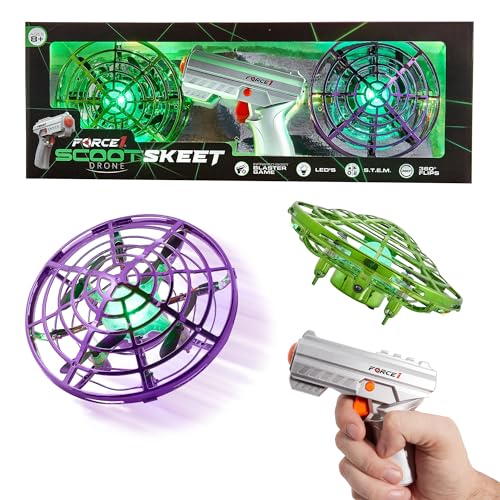 Force1 Scoot Skeet Drone Electronic Shooting Game for Kids and Adults- 2 Hand Drones for Kids with LED Toy Gun, Ultimate Electronic Target Game Set, Indoor Mini Drone Kid Flying Toys (Purple/Green)