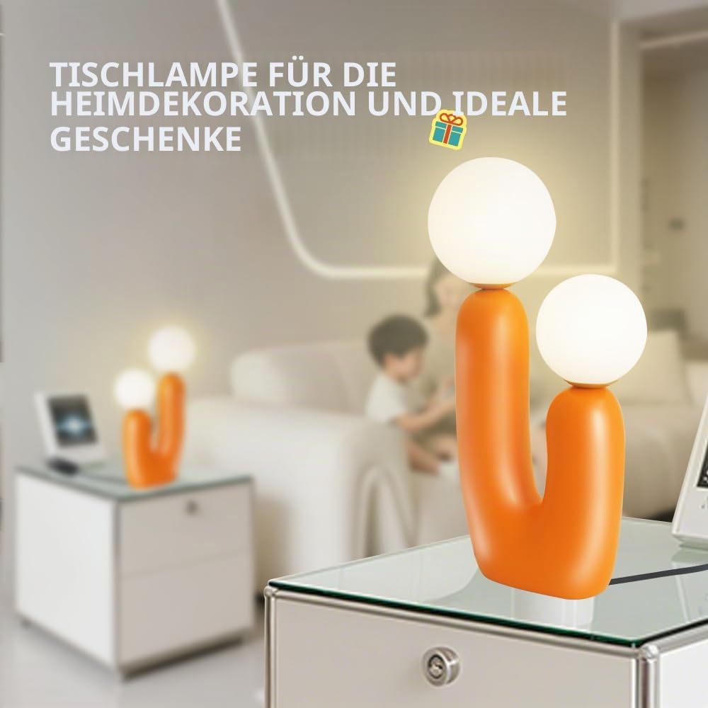 LED Tischlampe Niedliche Kaktus Nachttischlampe,Moderne Deko Pilz Lampe für das Schlafzimmer,Orange Harz Schreibtischlampe mit 2 Kugel Lampenschirmen,lustige Geschenke für Kinder und Familie,G9-Sockel