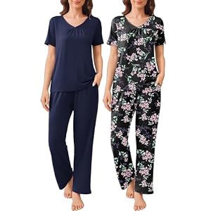 Ekouaer Pajama Sets for Women 2 Pack, Short Sleeve with Long Pant Pjs Sleepwear Comfy Lounge Sets with Pockets