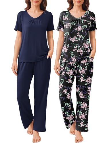 Ekouaer Pajama Sets for Women 2 Pack, Short Sleeve with Long Pant Pjs Sleepwear Comfy Lounge Sets with Pockets