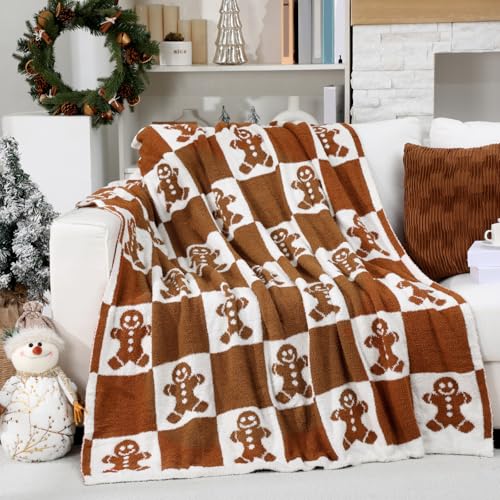 Buryeah Christmas Gingerbread Man Knit Throw Blanket 50 x 60 Inch Xmas Reversible Knitted Throw Blanket Cozy Lightweight Soft Gift for Couch Sofa Bed