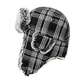 Fancet Patchwork Buffalo Check Plaid Faux Fur Mad Bomber Trapper Ushanka Russian Hat for Men Women E
