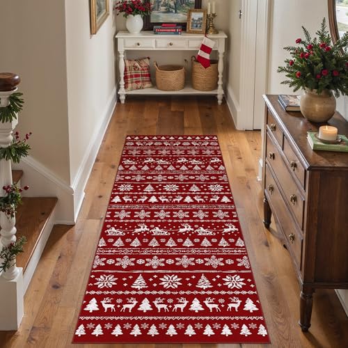 PureCozy Alfombra de pasillo de Navidad, 60 x 180 cm, lavable, de Papá Noel, cocina, entrada, pelo bajo, suave, color rojo, para dormitorio, lavandería, sala de estar, oficina, alfombra antideslizante