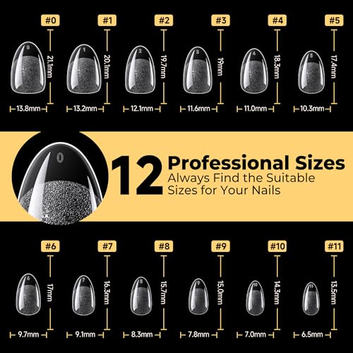 Image of UNA GELLA 600Pcs Short Oval Almond Gel Nail Tips, Round Almond Press on Nails Pre-shaped Soft Gel Clear Fake Nails Tips Full Cover for Nail Extension Home DIY Salon 12 Sizes