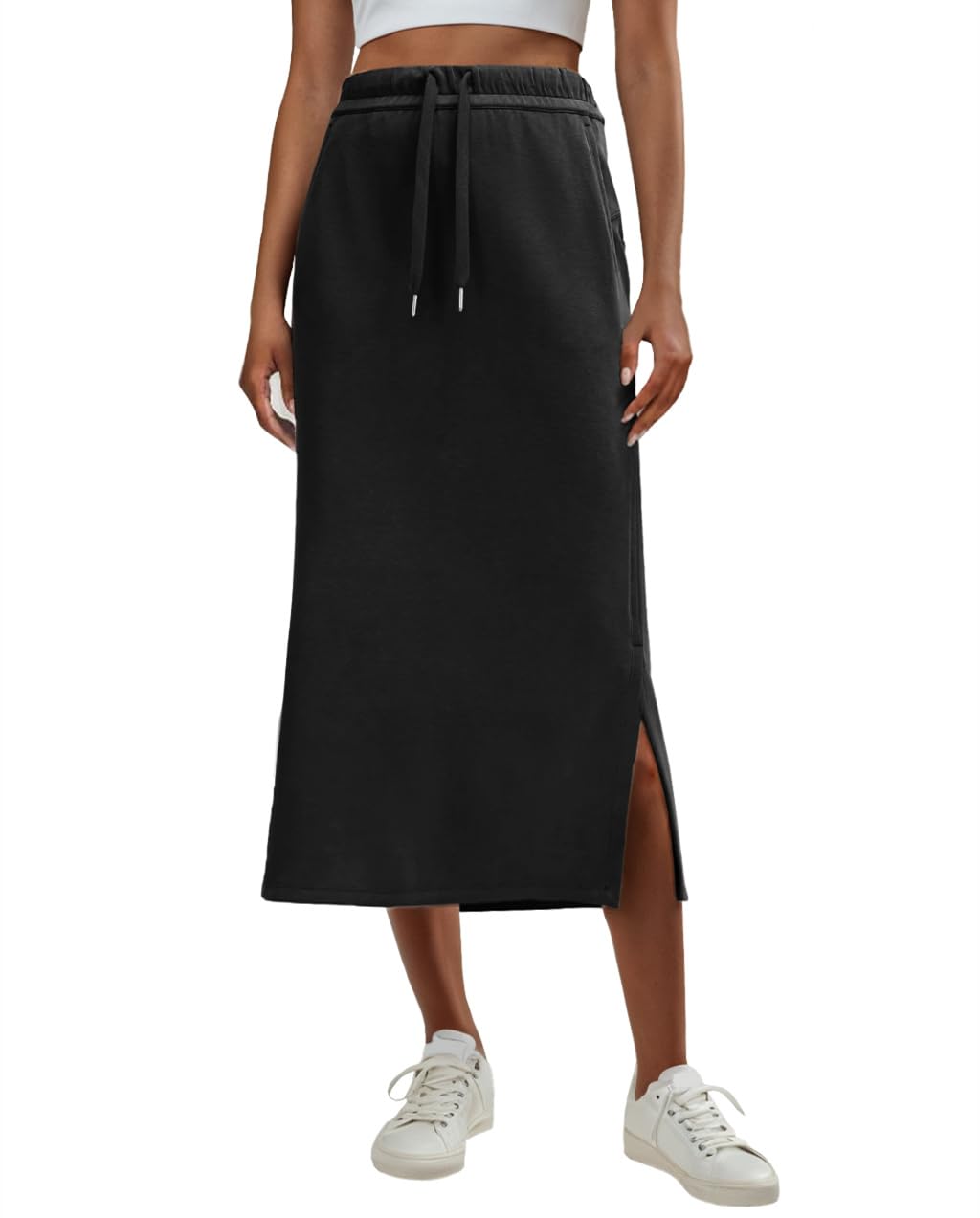 Lepunuo Casual Maxi Skirts for Womens High Waist Trendy Drawstring Side Slit Skirts with Pockets