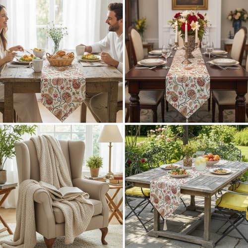 Image of COZY FURNISH Floral Dining Table Runner for 6 Seater - Premium Pure Cotton Bed Runner with Tassels | Modern Kitchen & Bedroom Decor Runner (13 x 72 Inches)