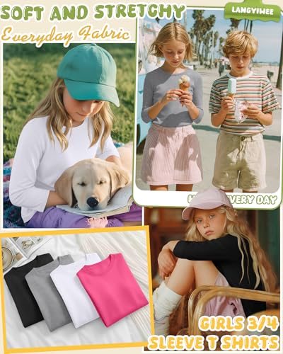 Image of 4 Pack Girls 3 /4 Sleeve T Shirts Kids Crewneck Elbow Sleeve Casual Tops Solid Basic Cute Teen Tees 5-14Y