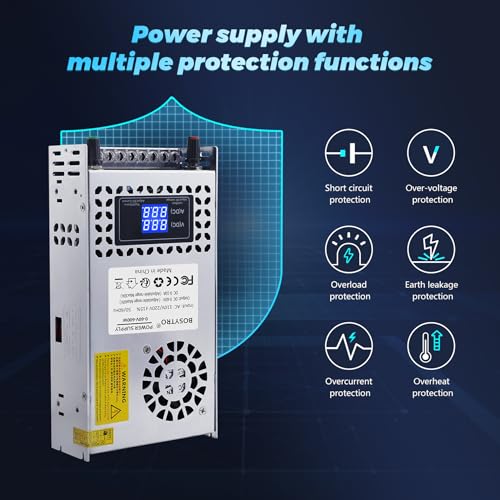 BOSYTRO Regulowany zasilacz impulsowy AC 110 V/220 V do DC 0-60 V, transformator 10 A, 600 W, cyfrowy wyświetlacz DC 5-10 A, zasilacz do drukarki 3D i CCTV dla laboratorium