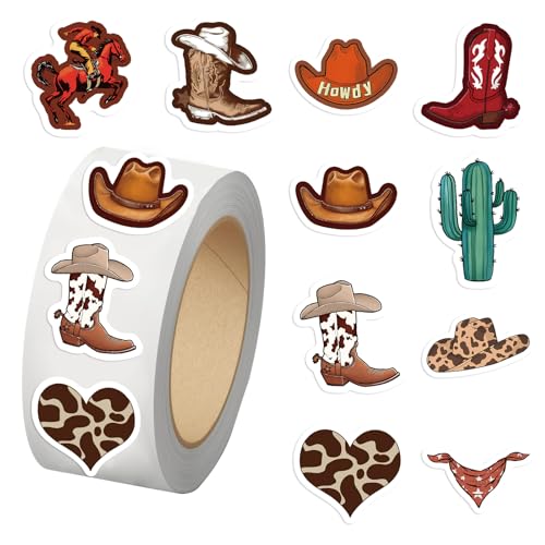 500PCS Cowboy Stickers 10 Styles Sticker Rolls Western Stickers Cowboy Party Favors Waterproof Vinyl Stickers(500 Per Roll)