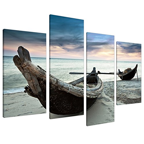 Wallfillers Cuadros en Lienzo Grande Playa Amanecer Mar Azul Barcos Set de Imágenes XL 4107