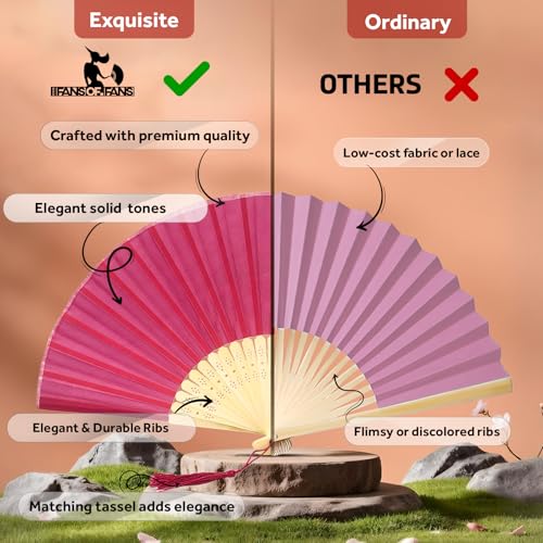 Image of Fabric Handheld Folding Hand Fan With a Tassel Grade A Bamboo Ribs for Women Girls Summer Party Event Favor Birthday Wedding Souvenir Gift (Deep Pink)