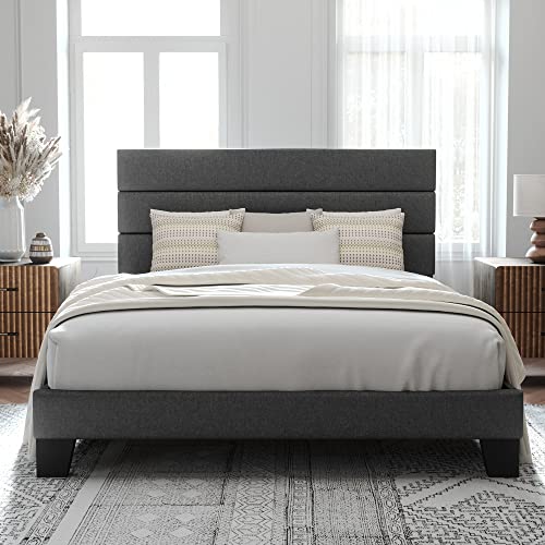 Allewie Queen Size Platform Bed Frame With Fabric Upholstered Headboard And Wooden Slats Support, Fully Upholstered Mattress Foundation/No Box Spring Needed/Easy Assembly, Dark Grey #TOP2
