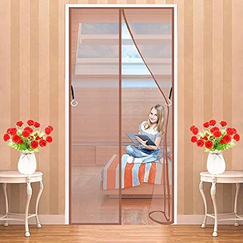 LZHBD Magnetic Door Screen Fly Insect Screen Mesh Door Curtain - Super Quiet Magnets Fly Screen Door Insect Mosquito - Top-to-Bottom Seal Self Closing 145 x 205 cm Brown Cover