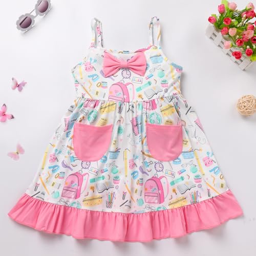 AWIBMK Kids Girls Back to School Dress Adjustable Spaghetti Straps Pencil Book Ruffle Kindergarten Dresses with Pockets3