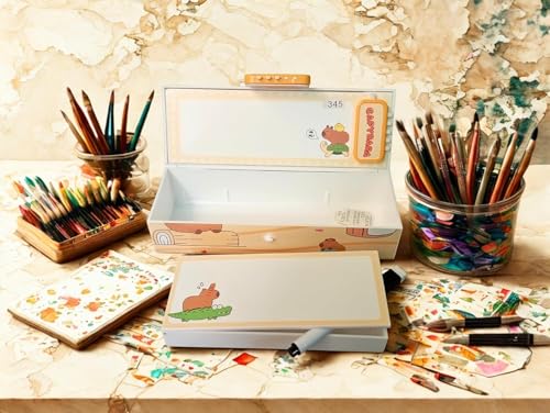 Image of Capybara Pencil Box Set with Eraser, Lockable School Case | Capybara pencil box with handle, mirror, white board and refillable eraser for organized school supplies.