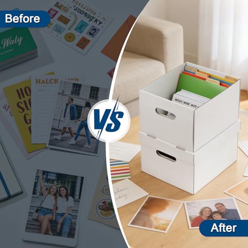 Greeting Card Organizer, 4 Pack Greeting Card Storage Box Holds over 800 Cards, Greeting Cards Box with 20 Dividers and 104 Self-adhesive Labels, Card Organizer for Photo, Crafts, Envelopes, Scrapbook