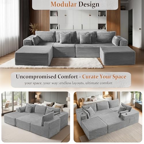 Image of 138 inch Oversized Cloud Sectional Couch, Comfort U Shaped Boneless Couch for Living Room, Extra Deep Seats No Assembly, Modular Sofa, Corduroy (Light Grey, 3 Seater+Left Facing Chaise+Ottoman)