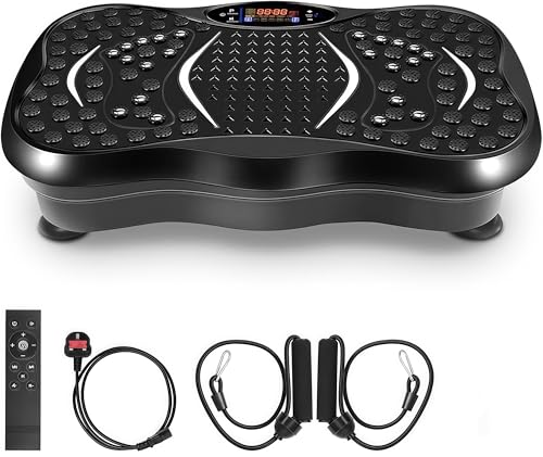 Vibration Plate Exercise Machine with Bluetooth & LED Light Whole Body Lymphatic Drainage Vibration Platform Home Workout Equipment with Pilates Bar Resistance Bands and Remote Control. (Black)