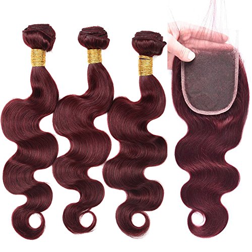 Black Rose Hair 3 Bundles 18" 20" 22" With 14Inch Lace Closure Burgundy Brazilian Body Wave Human Hair Bundles and 4”x4”Lace Frontal Closure Popular 99J# Wine Red Color for Women