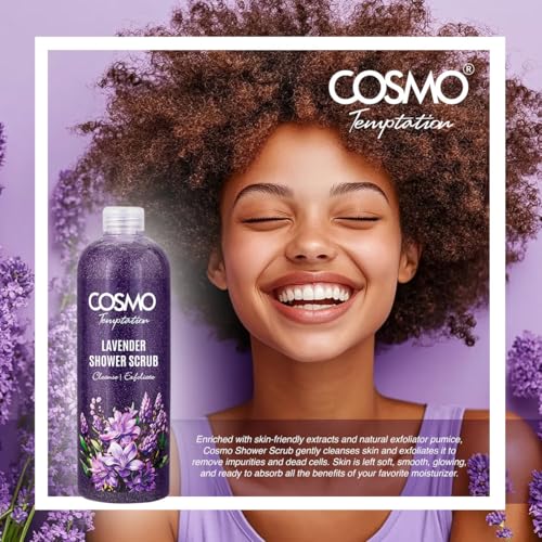 Cosmo Skin Care Temptation Lavender Shower Scrub 1000ml/33.81fl.oz, Body Cleansing, Skin Exfoliate, Remove Impurities & Dead Cells, Best Body Wash, Daily Use Shower Gel, All Skin Types