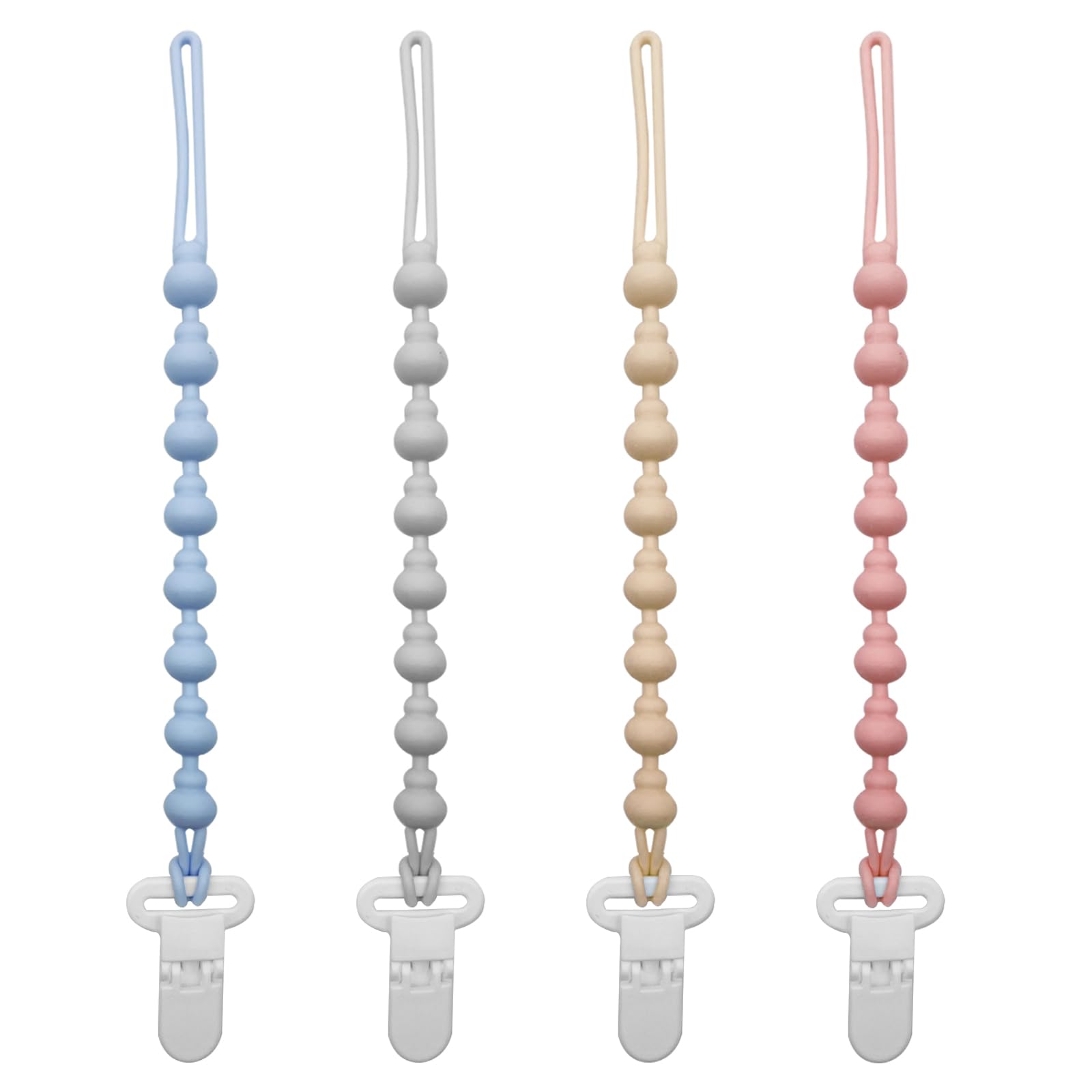 4 Pack Silicone Pacifier Clips, One Piece Beads Gourd Design Teething Pacifier Holder Clip, Neutral Baby Paci Dummy Clips Boys & Girls, Binky Clips Pacifier Straps Chain for Toys Teethers