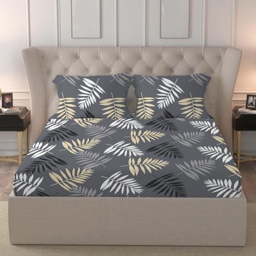 Image of LOOMLYFE 300 TC Cotton Feel Glace Cotton Elastic Fitted Printed Queen Size Double Bed Bedsheet with 2 Pillow Covers Fits Upto 8 inches,Size- 60x78x10 Inches, Grey Leaves