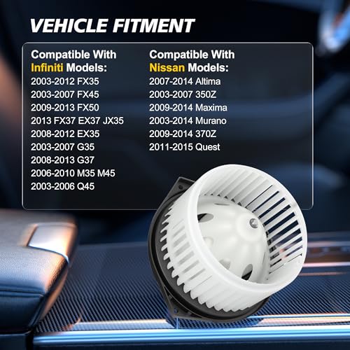 Image of AC Blower Motor Fan Replacement 2007-2019 for Nissan Altima Murano 350Z 370Z Quest, for Infiniti G25 G35 G37 Q45 Q50 Q60 M35 M45 EX35 EX37 FX35 FX45, HVAC Heater Blower Motor, 27225AM611, 700193