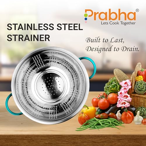 Image of Prabha Colander Stainless Steel Strainer Sieves, 3000ML, 24cm|Kitchen Strainer With Handle-Essential Kitchen | Colanders Bowl, Basket | Colander For Rice Straining Washing Fruits, Vegetables,Blue