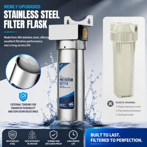 Image of Whole House Water Filter Housing, 304 Stainless Steel, Fits Standard 10 inch x 2.5 inch Sediment Filters, 3 /4 inch Brass Port Pre-Filter System for Well & City Water, Includes Wrench and 1 PP Sediment Filter