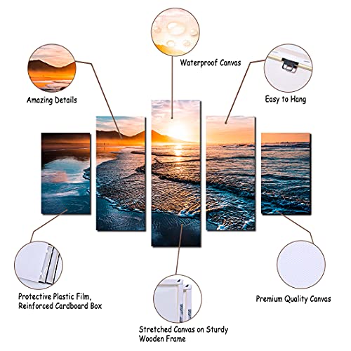 Joworolo Canvas Prints Wall Art Beach Sunset Ocean Waves Nature Pictures For Living Room Office Home Decorations 5 Piece Large Modern Stretched And Framed Ready To Hang Landscape Artwork #TOP6