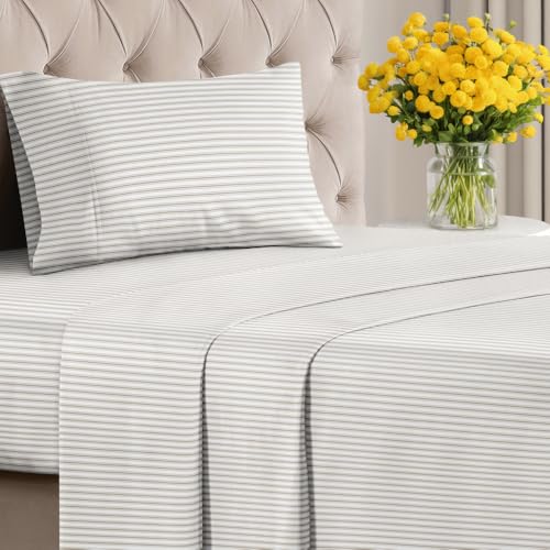Image of Twin XL 3 Piece Striped Sheet Set - Breathable & Cooling - French Country