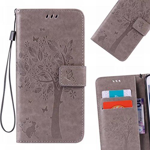 LEMORRY Motorola Moto G5 Funda Estuches Pluma Repujado Cuero Flip Billetera Bolsa Piel Slim Bumper Protector Magnética Cierre TPU Silicona Carcasa Tapa para Motorola Moto G5, Árbol Suerte Gris