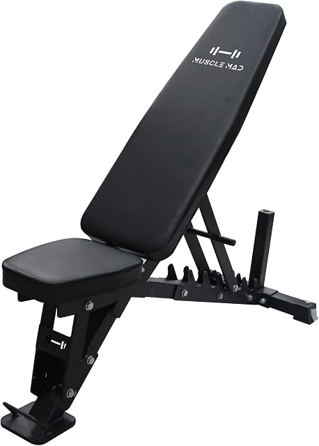 Muscle Mad, Adjustable Bench/Flat Incline Bench, Solid Heavy Duty commercial Training Bench 38kg, Bench Press, Shoulder Press, Dumbbell Fly, Home, Gym, Garage Training, Strength Workout.