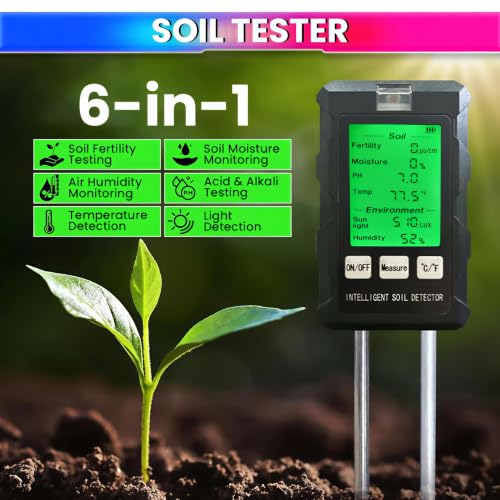 Image of 6-in-1 Soil Tester - Dual 180mm Probe Meter for pH, Fertility, Temperature, Moisture, Humidity, Sunlight - Garden, Lawn, Farm, Indoor Plants - 6M Warranty
