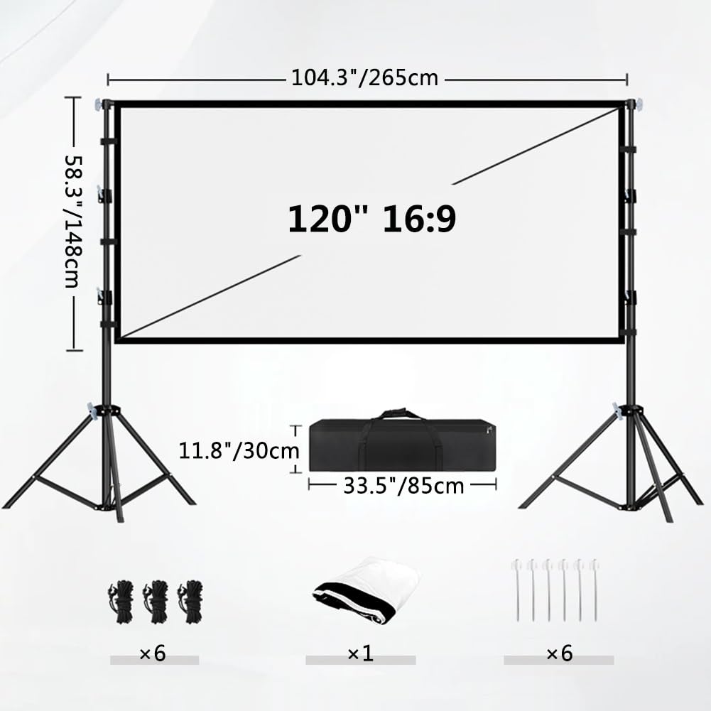 Schermo di Proiezione per Esterni 4K HD con Supporto per Treppiede, Telo Cinematografico 16:9 Pieghevole Anti-Crease con Borsa da Trasporto(120 Inch)
