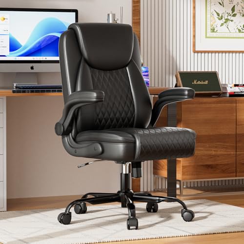 Image of GTPLAYER Leather Office Chair, Home Desk Chair with Flip-up Arms and Ergonomic Back - Comfy Heavy Duty Executive Chair for Home Office Gaming, Black